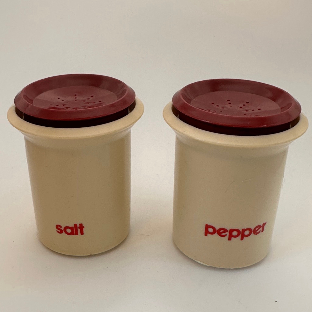 Vintage Cream & Red Plastic Salt and Pepper Shakers – Retro Kitchen Set